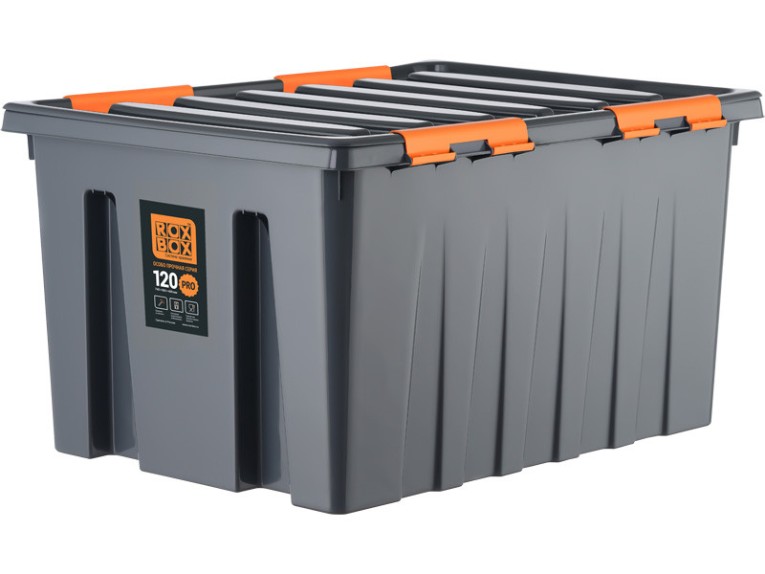 Контейнер особопрочный Rox Box PRO 120 (740х565х400 мм с крышкой и клипсами, на роликах, антрацит) купить в Казани