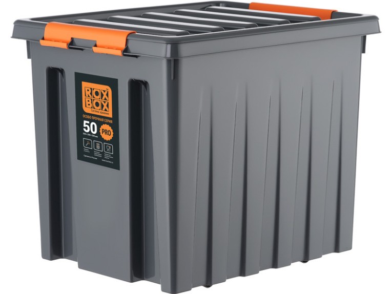 Контейнер особопрочный Rox Box PRO 50 (500х390х390 мм с крышкой и клипсами, на роликах, антрацит) купить в Казани